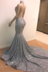 Blue Sequins Backless Long Mermaid Crystal Beaded Semi Formal Prom Dress